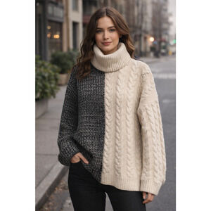 Parrish LA Amber Split Cable Knit Sweater - Snow/Graphite